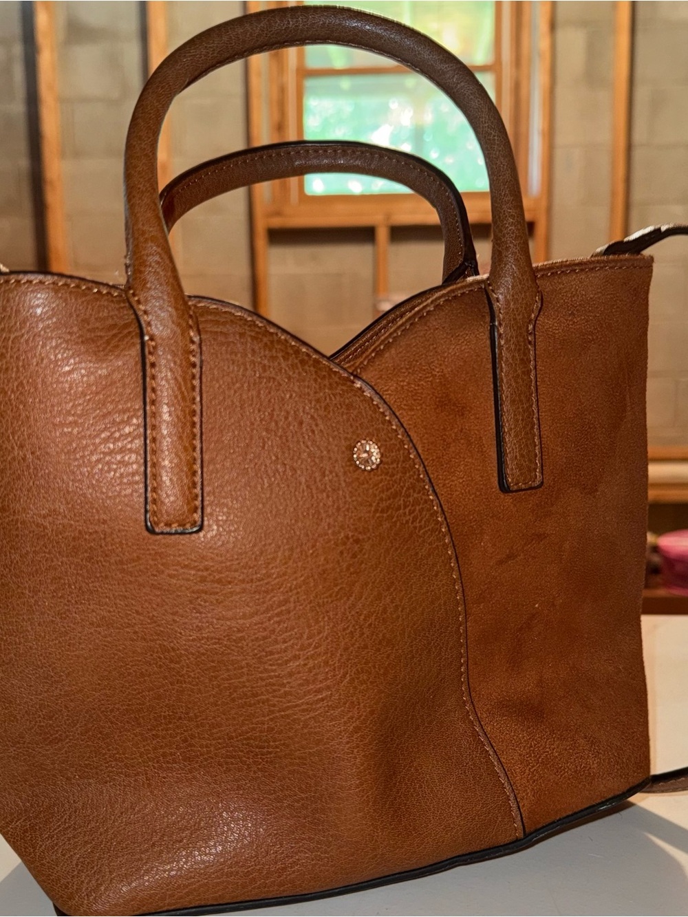 Women's Two-Tone Brown Leather Crossbody Tote - Picture 2 of 3